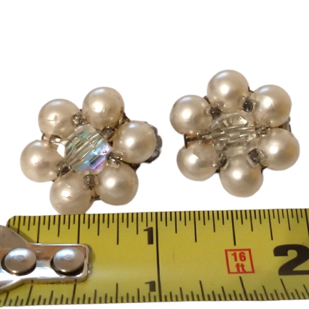 AB Crystal Cluster Earrings Bead JAPAN Faux Pearl Clip-On MCM Aurora Borealis.